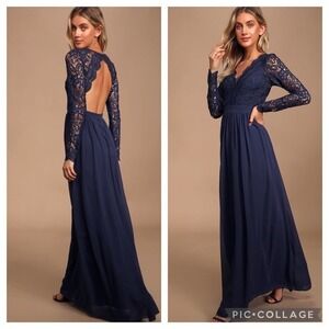 Lulus Awaken My Love Navy Blue‎ Long Sleeves Lace Maxi Dress Size Medium New
